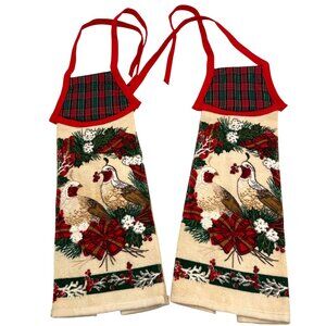 Vtg Cecil Saydah Christmas Partridge Kitchen Towels W/ Red Plaid Trim Set Of 2